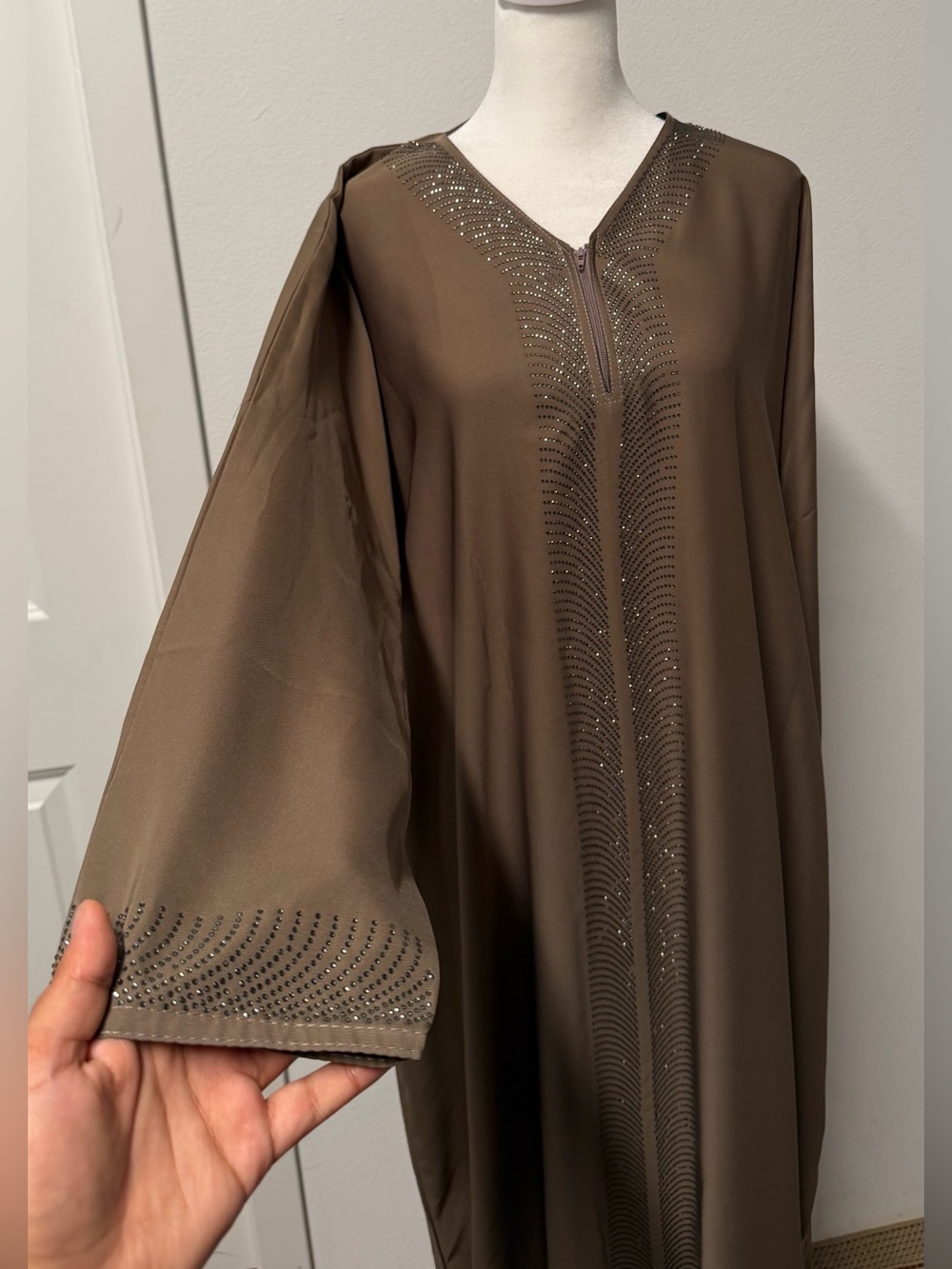 New Saudi Arabian Mocha Brown Crystal Embellished Abaya with Matching Hijab